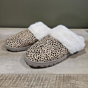 Dr Scholls Sunday Scuff Womens 11M Slipper Mules Faux Fur Leopard Print Cream